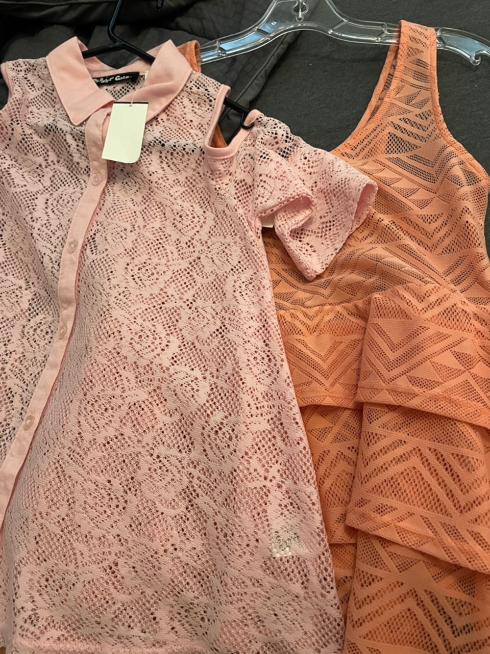 Pink Lace Collared & Coral Lace Tiered Tops - Set of 2